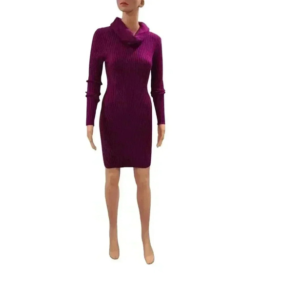 Cozy Ribbed Knit Cowl Neck Sweater Dress - Fuchsia - Picture 4 of 7